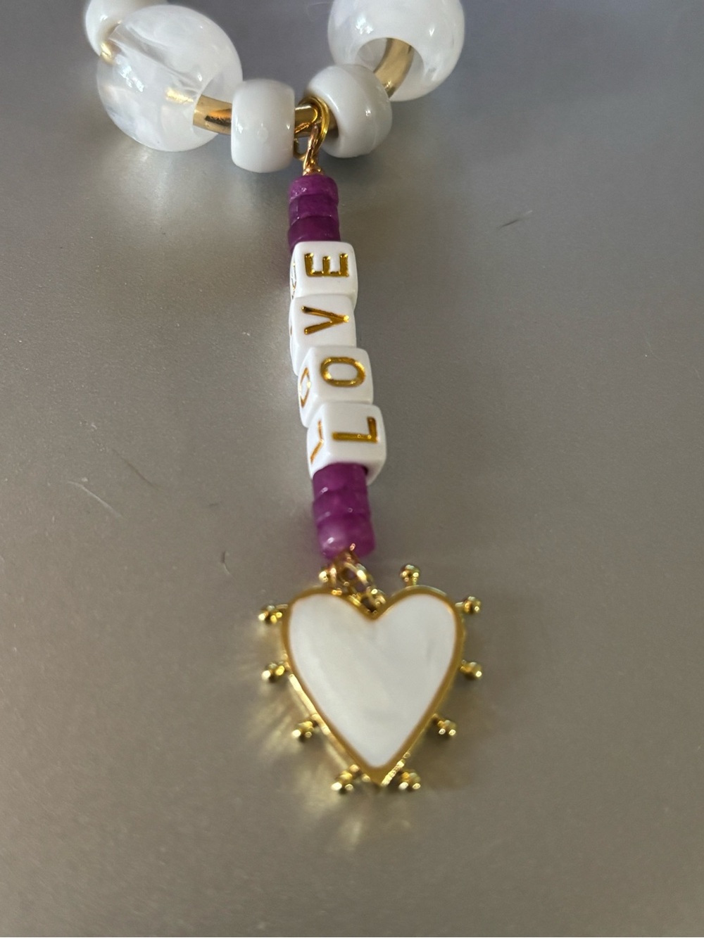 Gold Carabiner Bag Charm with LOVE beads and Purple Accents